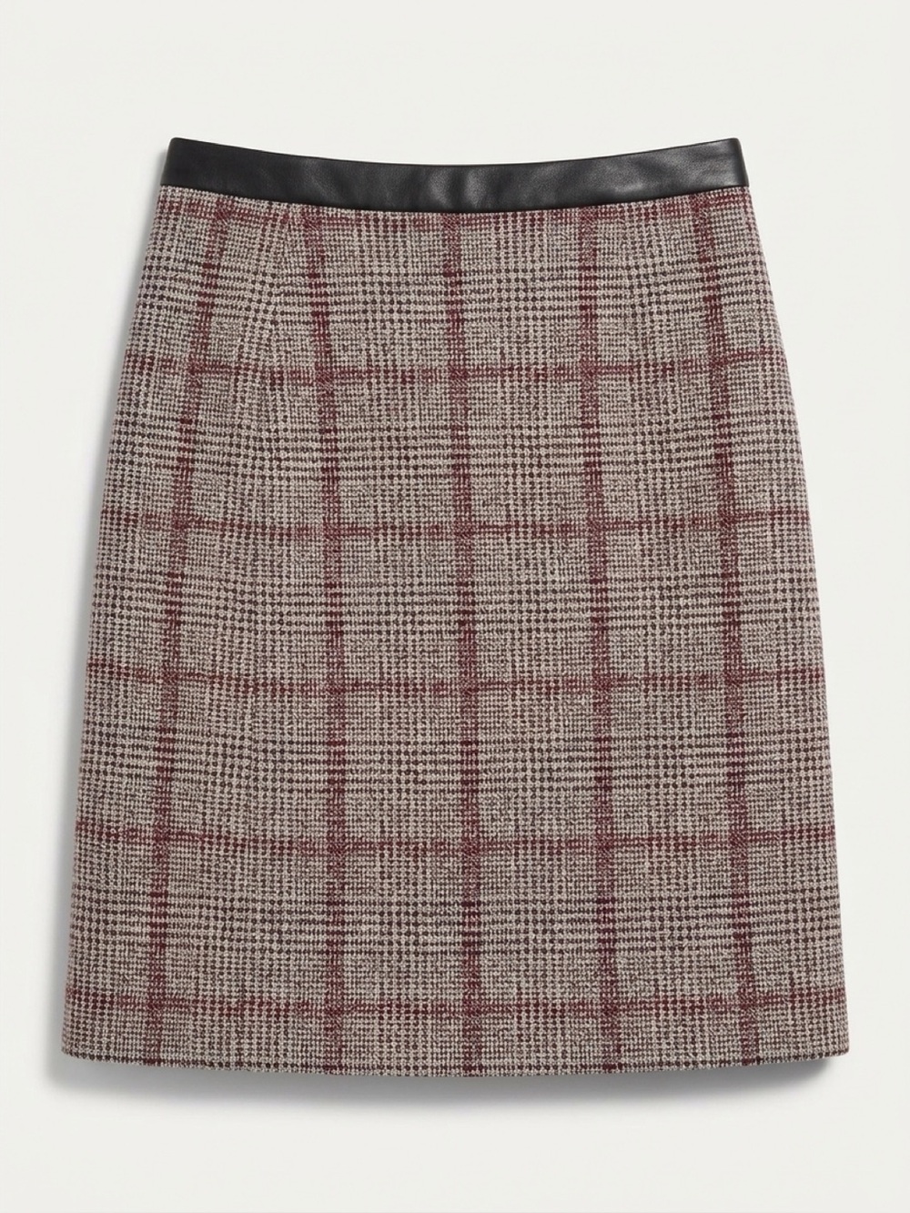 New Ann Taylor Plaid Tweed A-Line Skirt with Black Leather Waistband